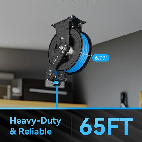 Heavy Duty Retractable Air Hose Reel Featuring Smooth Auto Rewind Action And Sixty Five Foot Industrial Compressor Hose mounted on ceiling.