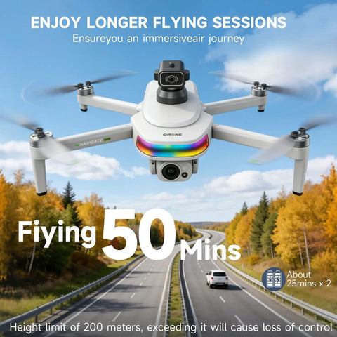 Dual Camera 4K GPS Drone With Built In Five Point Five Inch Screen On Controller, flying over a scenic road with autumn trees.