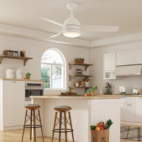 White kitchen with 48 Inch Ceiling Fan With Light Remote Control White Finish 3 Blades Ultra Quiet Motor LED Dimmable Lighting