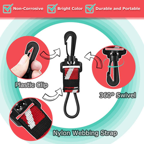 Two Pack Scuba Octopus Holder with plastic clip, 360 swivel, and nylon webbing strap, dive accessory for BCD.
