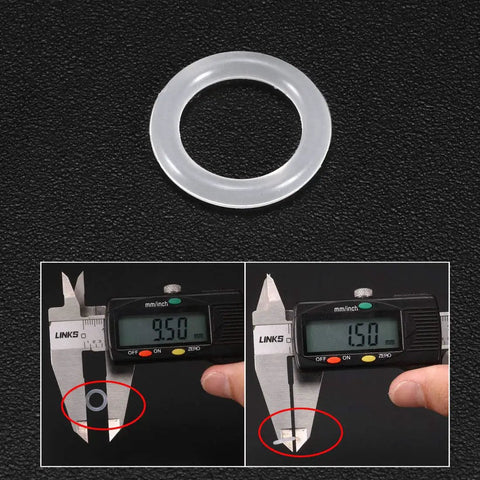 Silicone O Rings Kit 9.5mm OD 6.5mm ID 1.5mm Cross Section For Quick Fixes On Your Compressor Valves And Pipes White VMQ Gasket Pack Of 30 Durable Waterproof Temperature Resistant O Ring Seals with caliper measurements displayed.