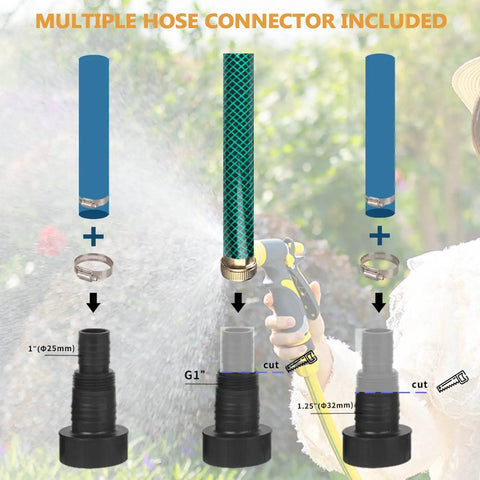 Multiple hose connectors included with Half HP Submersible Sump Pump 2200 GPH For Clean Or Dirty Water With Automatic Switch