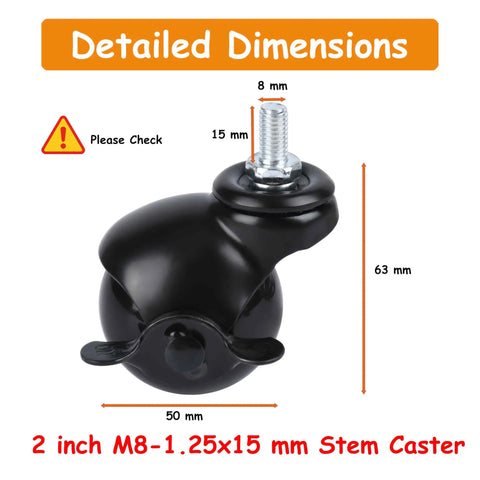 Set Of Four 2 Inch Swivel Ball Casters With Locking Brake M8x15mm Grip Neck Stem For Hassle Free Furniture Upgrade Durable E Coated Black Wheels detailed dimensions image showing 2 inch caster size and measurements