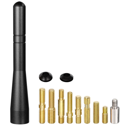 Short Antenna Mast For Trucks And Off Road Vehicles Hood Mounted 4 Inch Mini Antenna Replacement Durable Build Includes 7 Different Size Bolts And Rubber Rings Easy Install For Heavy Duty Rigs displayed with bolts and rings.