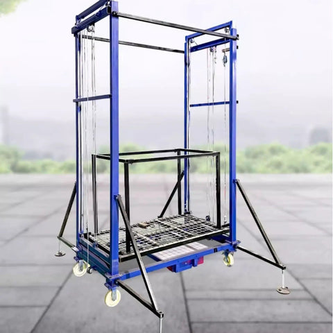 Heavy Duty Electric Lift Cart Rugged Foldable Work Deck With Wireless Clicker Remote Auto Scaffold Lifter Built Tough For Jobsite Hustle Handles Five Hundred Kilogram Loads Up To Three Point Five Meters High, blue lift cart with adjustable frame.