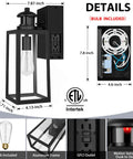 Dusk To Dawn Motion Sensor Porch Light With Built In GFCI Outlet No Fuss Install Waterproof Anti Rust Exterior Wall Mount Outdoor Light With 3 Modes For Your Home Weatherproof Exterior Lighting Bulb Not Included, dimensions and components shown.