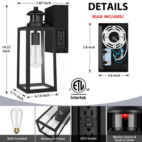 Dusk To Dawn Motion Sensor Porch Light With Built In GFCI Outlet No Fuss Install Waterproof Anti Rust Exterior Wall Mount Outdoor Light With 3 Modes For Your Home Weatherproof Exterior Lighting Bulb Not Included, dimensions and components shown.