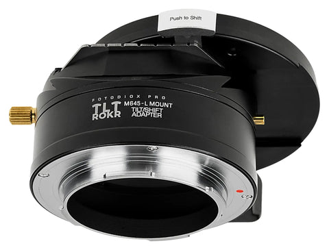 Tilt Shift Lens Mount Adapter For Mamiya 645 To L Mount Mirrorless Cameras With 10mm Horizontal Shift And 10 Degree Tilt For Perspective Control Distortion Reduction And Creative Photo Effects Pro Grade, black metal front view