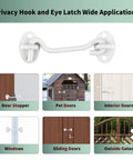 Sturdy White Barn Door Hook And Eye Latch Pair For Quick Privacy Setup, shown in use on various doors and gates.