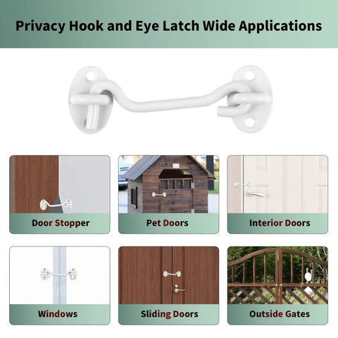 Sturdy White Barn Door Hook And Eye Latch Pair For Quick Privacy Setup, shown in use on various doors and gates.