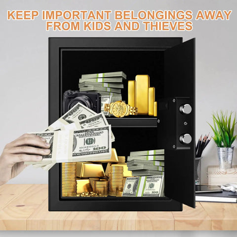 Open fireproof waterproof home safe with digital keypad showing cash, gold, and valuables inside, protecting belongings.