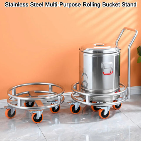 No Sweat Heavy Duty Stainless Steel Drum Stand With Smooth Rolling Wheels For Gas Cylinders And Soup Pots Rust Resistant Mobile Kitchen Cart Indoor Outdoor with bucket.