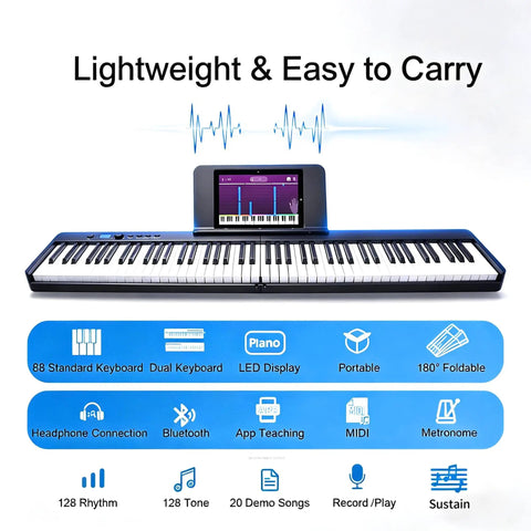Foldable 88 Key Portable Piano Keyboard With 128 Sounds Full Size Semi Weighted Keys USB MIDI Carry Bag Pedal shown with features