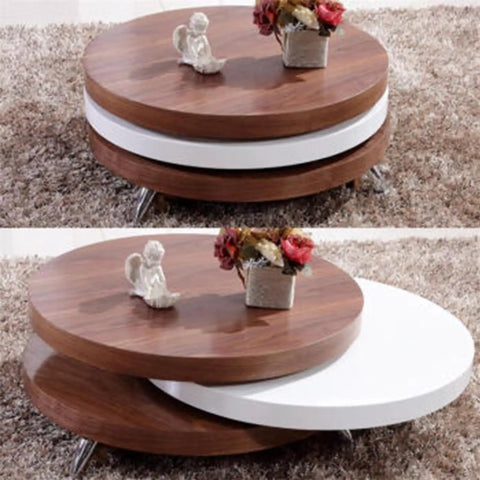 Round wooden coffee table with a rotating white top section for adjustable display or storage.
