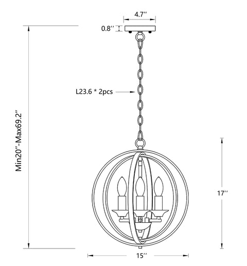 Gold Orb Three Light Chandelier With Adjustable Ring Orbits Modern Globe Hanging Lights Fixture diagram with dimensions.