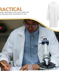 Person wearing Mens Lab Coat White Medical Coat For Docs Medical Students And Pharmacies Comfortable Breathable Easy To Wear For Clinical Settings Pro Grade Lab Gear writing in laboratory setting with microscope.