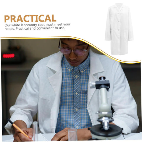 Person wearing Mens Lab Coat White Medical Coat For Docs Medical Students And Pharmacies Comfortable Breathable Easy To Wear For Clinical Settings Pro Grade Lab Gear writing in laboratory setting with microscope.