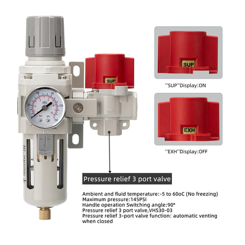 Industrial Air Compressor Filter Regulator Combo Three Eighth Inch NPT 0-150 PSI Gauge With Semi Auto Drain and Valve