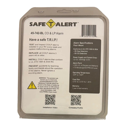 Back packaging of Dual Carbon Monoxide And Propane Alarm For Home Use, Black Flush Mount, 12V DC Hardwired Gas Smoke Fire Detector