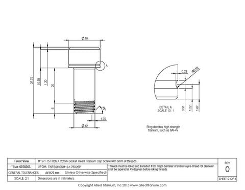 Technical drawing of Badass Pack Of Five M12 1.75 Pitch X 26mm Grade 5 Titanium Socket Head Cap Screws specifications.
