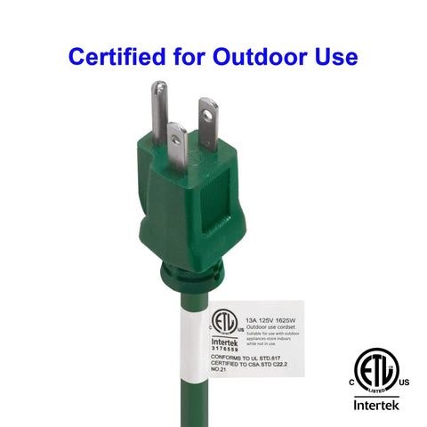 Green grounded plug of 8 Ft Heavy Duty Extension Cord 16/3 SJTW Black Waterproof Weather Resistant Flame Retardant with certification label.