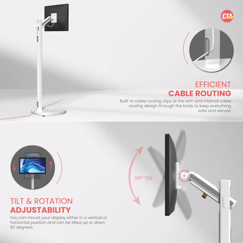 Mobile Floor Stand For Monitors And TVs Up To 35 Inches Weighing 22 Lbs With Anti Knockdown Base And Adjustable Height Commercial Grade Wheeled Display Stand For Kiosks Retail And Hospitals showing cable routing and tilt feature
