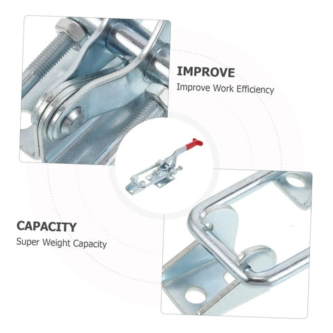 Heavy Duty Toggle Latch Clamp With 2183lbs Holding Power And Quick Release Pull Hasp For Freezer Doors Gun Vests And Toolboxes Made From Strong Galvanized Iron close-up view showing strong locking mechanism and red handle.