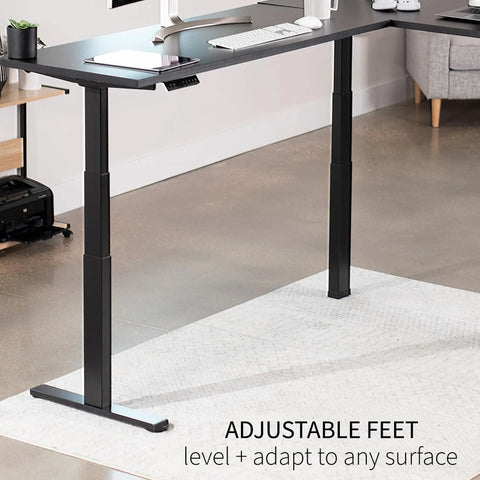 Electric Triple Motor Height Adjustable Corner Desk Frame For L Shaped Setup With 3 Legs Sit Stand Ergonomic Frame Up To 300 Lbs Black Frame Only DESK V130EB in a room setting with adjustable feet on a rug.