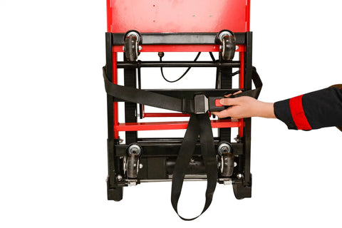 Close-up of Heavy Duty Electric Hand Truck With 441 Lb Capacity And 160W Motor, showing belt and handle for secure load support.