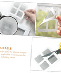 DIY Window And Door Screen Patch Kit with 20 Fiberglass Mesh Patches shown applied, peeled, and cut with scissors.