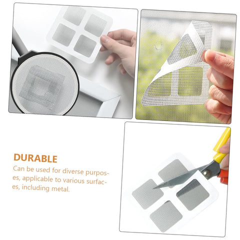 DIY Window And Door Screen Patch Kit with 20 Fiberglass Mesh Patches shown applied, peeled, and cut with scissors.