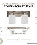 Diagram showing dimensions of Sleek Oil Rubbed Bronze Vanity Light With Modern Milk Glass Shades For Over Mirror Or Wall Mount E26 Base 100W LED Equivalent Bulbs Not Included Bathroom Fixture For A Fresh Bath Vibe, featuring two lights, height 8.5 inches, width 16.1 inches.