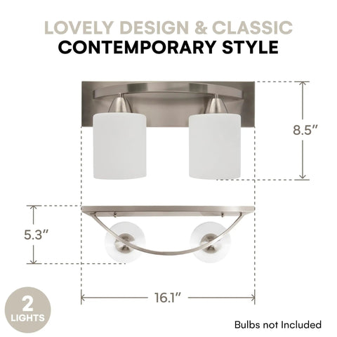 Diagram showing dimensions of Sleek Oil Rubbed Bronze Vanity Light With Modern Milk Glass Shades For Over Mirror Or Wall Mount E26 Base 100W LED Equivalent Bulbs Not Included Bathroom Fixture For A Fresh Bath Vibe, featuring two lights, height 8.5 inches, width 16.1 inches.
