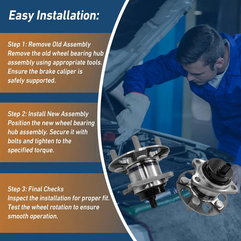 Mechanic installing rear wheel bearing and hub assembly pair for Toyota Prius 2010-2015 with 5 lug and ABS, excludes Prius C and Prius V.