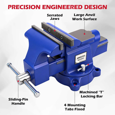 Heavy Duty 6 Inch Bench Vise With Jaw Pads And Anvil For Woodworking Drilling And Pipe Cutting 360 Degree Swivel Locking Base