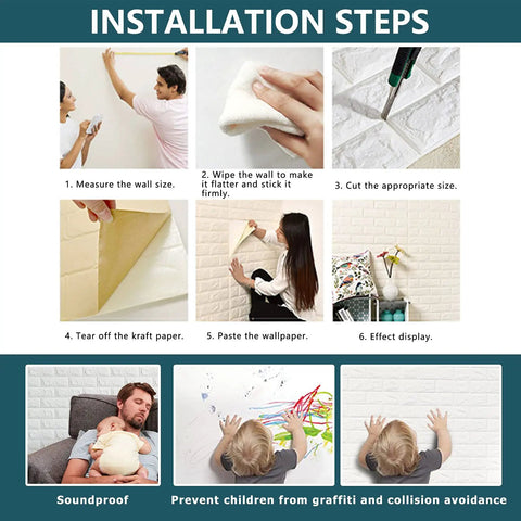 Installation steps for White 3D Wall Panels Pack Of 20 Sheets With 29 Sq Ft Coverage Printable Wallpaper Sticker Self Adhesive Waterproof Brick PE Foam Peel And Stick Interior Wall Decor For A Modern Home.