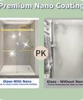 Comparison of shower doors: left shows Super Sleek Frameless Double Bypass Sliding Shower Door In Brushed Gold with nano coating, right shows glass without nano.
