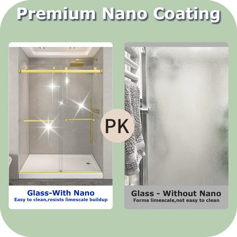 Comparison of shower doors: left shows Super Sleek Frameless Double Bypass Sliding Shower Door In Brushed Gold with nano coating, right shows glass without nano.