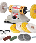 All In One Jewelry Polishing Kit For Bench Grinder with six cloth wheels, goggles, and polish compounds displayed