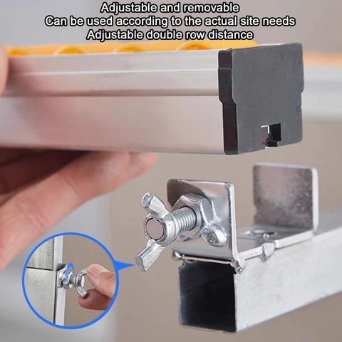 Close-up of adjustable clamp mechanism on Sturdy Adjustable Conveyor Roller Table Stand With Heavy Duty Galvanized Build And Rock Solid Stability Perfect For Table Saws And Planers To Boost Your Shop Workflow Effortlessly.