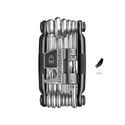 All-In-One Bike Multitool M19 Matte Black with hex wrenches, Torx T-10/T-26, compact design folded, ergonomic grips.