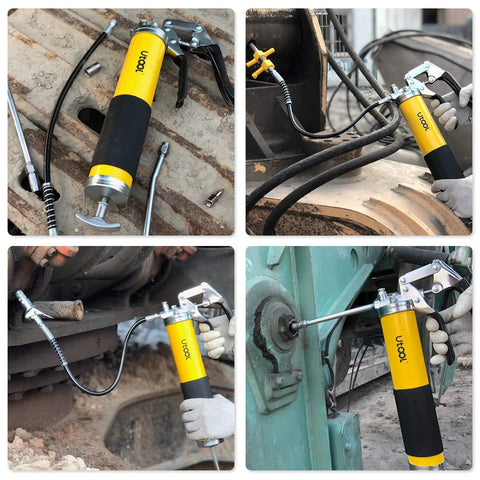 UTOOL grease gun, yellow and black, 8000 PSI heavy-duty pistol grip with 18-inch resin hose and fittings