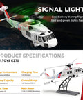 WLtoys K270 Brushless RC Helicopter With Optical Flow Positioning, 4CH 2.4G Remote Control For Adults shown with signal light and specifications.
