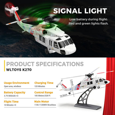 WLtoys K270 Brushless RC Helicopter With Optical Flow Positioning, 4CH 2.4G Remote Control For Adults shown with signal light and specifications.