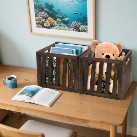 Wood Storage Bin Cube Crate With Handles Rustic Brown Decorative Box Stackable Shelf Basket Organizer For Closet And Bookcase 12 By 12 By 11 Inches Easy Assembly, filled with books and toys on a desk.
