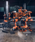 Tough As Nails Badass Cordless Impact Drill With Two Speed Settings And Full Metal Gearbox For Masonry Stone Metal Up To 13 Mm Includes Rugged Storage Case And QuickIN Battery System, arranged with various accessories.