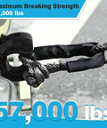 Hella Tough Heavy Duty Soft Shackles 57K Lbs Breaking Strength 1/2 X 22 Inch Polyethylene Synthetic Rigging With Protective Sleeves attached to a winch.
