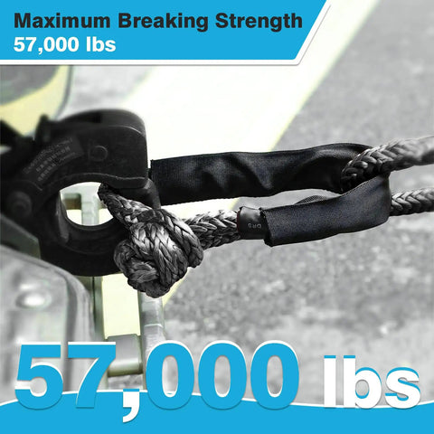 Hella Tough Heavy Duty Soft Shackles 57K Lbs Breaking Strength 1/2 X 22 Inch Polyethylene Synthetic Rigging With Protective Sleeves attached to a winch.