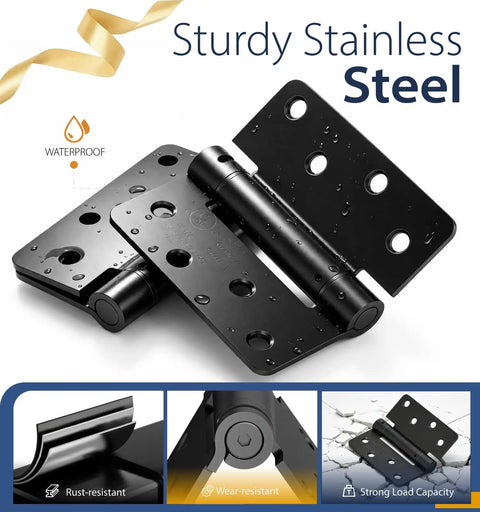 Heavy Duty 4 Inch Self Closing Door Hinges Three Pack Spring Loaded Gate Latches With Quarter Radius Corners, waterproof, stainless steel design.
