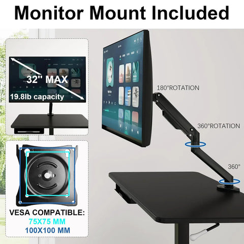 Heavy Lifter Mobile Workstation Cart With No Sweat Rolling Casters And Fully Adjustable Gas Spring Monitor Stand Plus Secure CPU Tray For Seamless Standing Desk Transitions In Matte Black featuring a versatile VESA monitor mount with rotation.